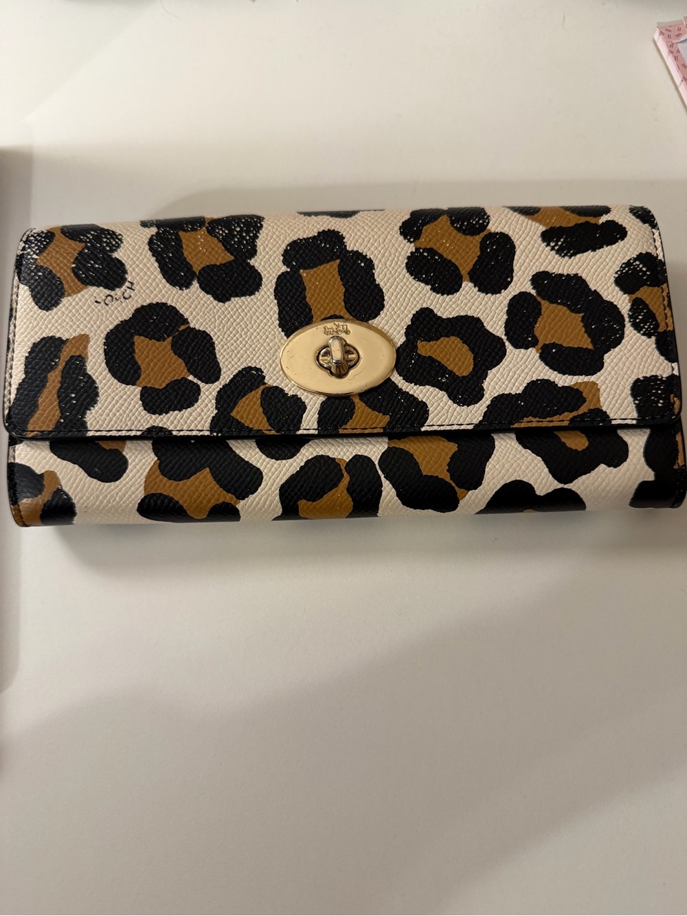Coach Leopard Print Turnlock Wallet - Cream & Brown